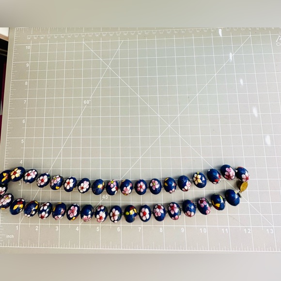 Antique Vintage Blue Cloisonné flower Enamel Jumbo Bead Necklace - Picture 9 of 17